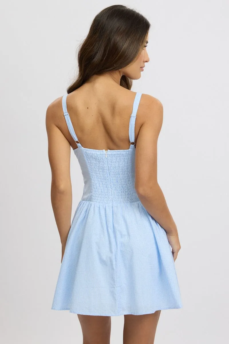 Blue Check Fit And Flare Dress Drop Waist Mini FlexibleWaistband Reinforced Knees