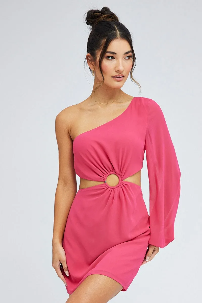 Pink Fuchsia One Shoulder Ring Detail Dress Low Care