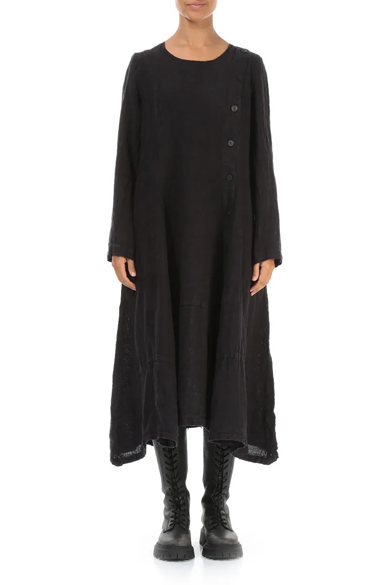 QuickDrying Material Side Buttons Slate Blue M??lange Linen Dress