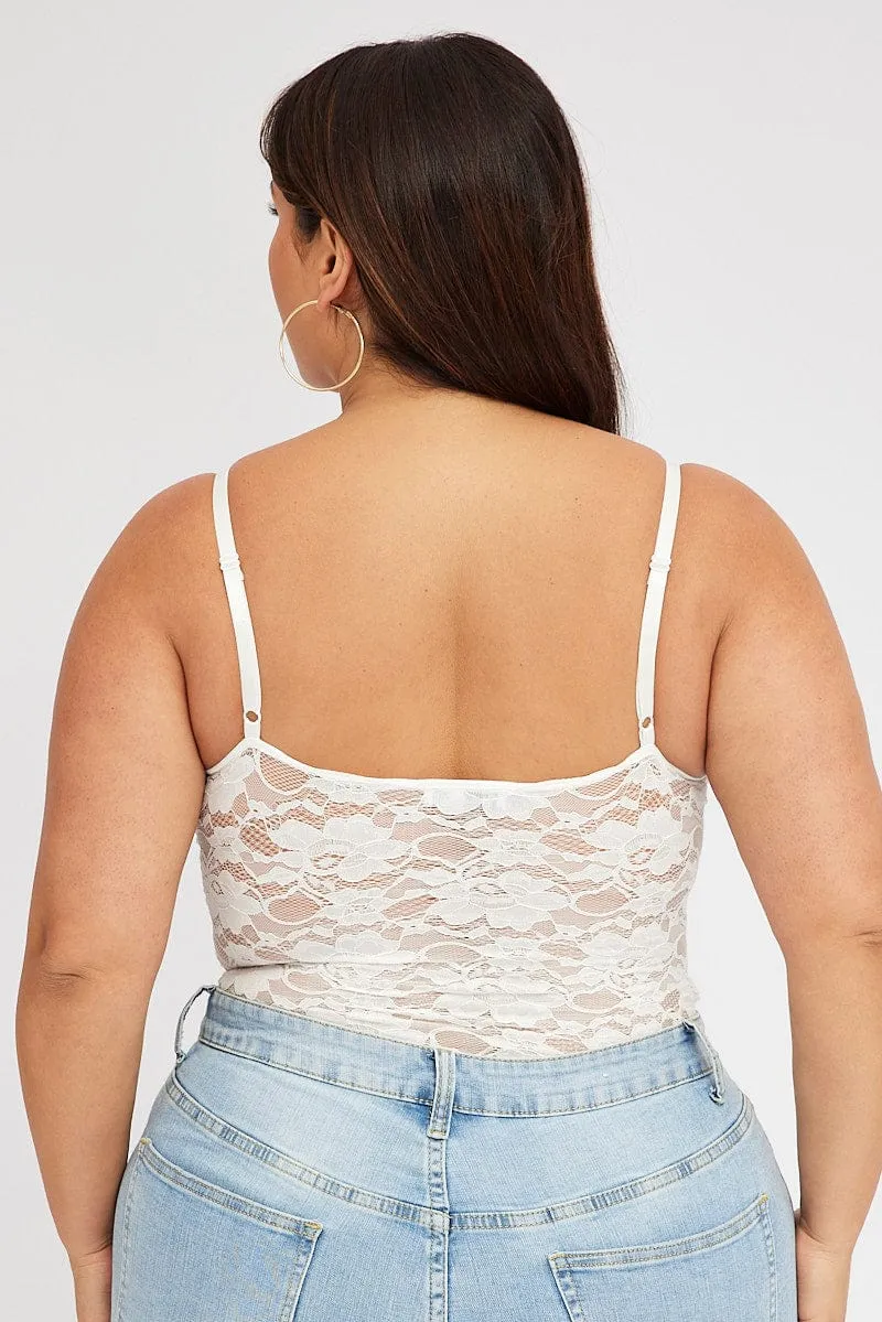 White Bodysuit Sleeveless Lace Stretch Relaxation Wear