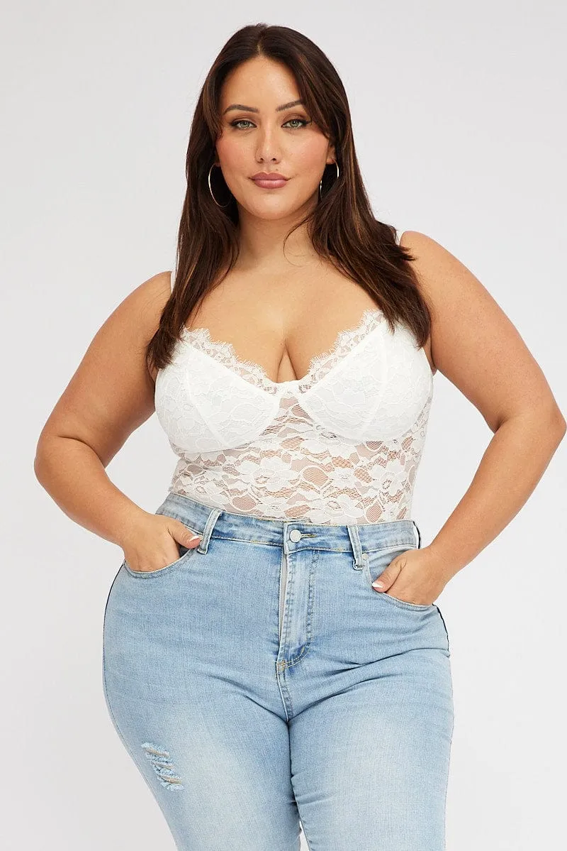 White Bodysuit Sleeveless Lace Stretch Breathable fabric