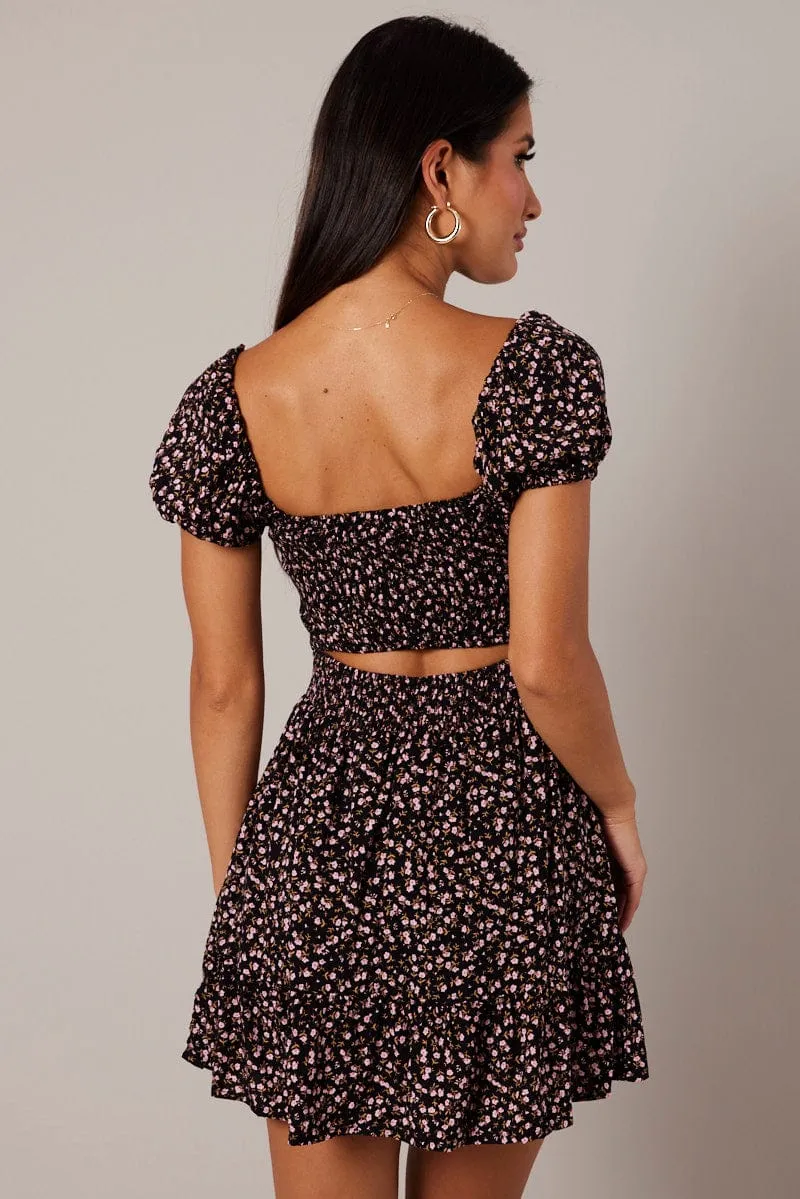 Black Ditsy Fit and Flare Dress Short Sleeve Lace Up Front Layer Light Energy Mood