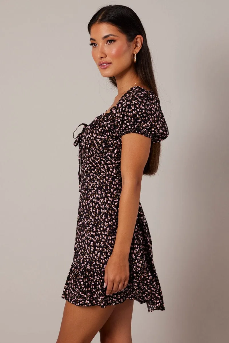 Clean Fit quick dry Black Ditsy Fit and Flare Dress Short Sleeve Lace Up Front