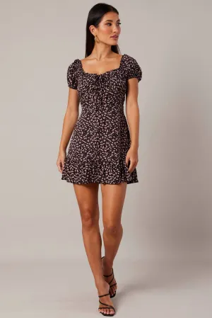 Green Soul Clear Tone Black Ditsy Fit and Flare Dress Short Sleeve Lace Up Front