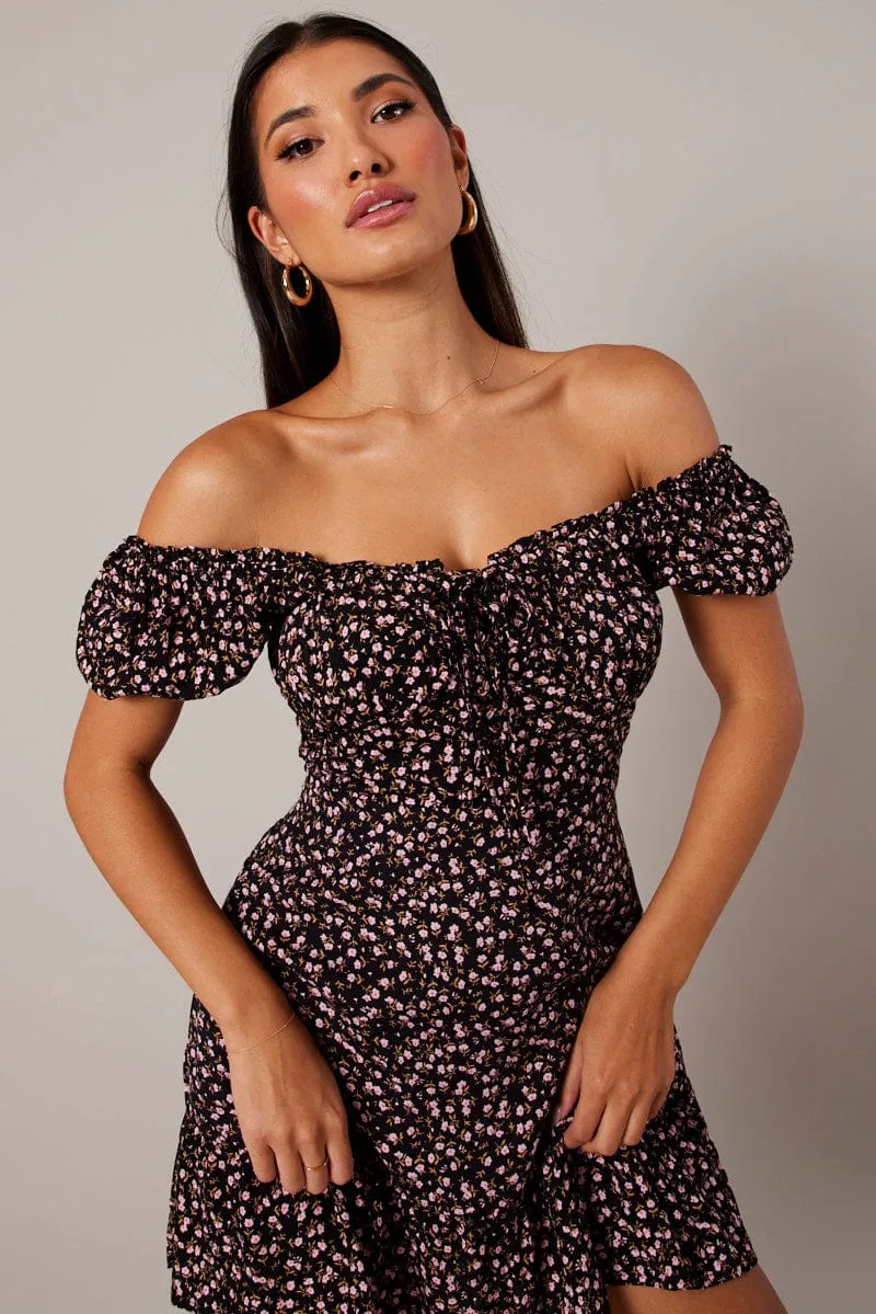 Black Ditsy Fit and Flare Dress Short Sleeve Lace Up Front HygroscopicFiber