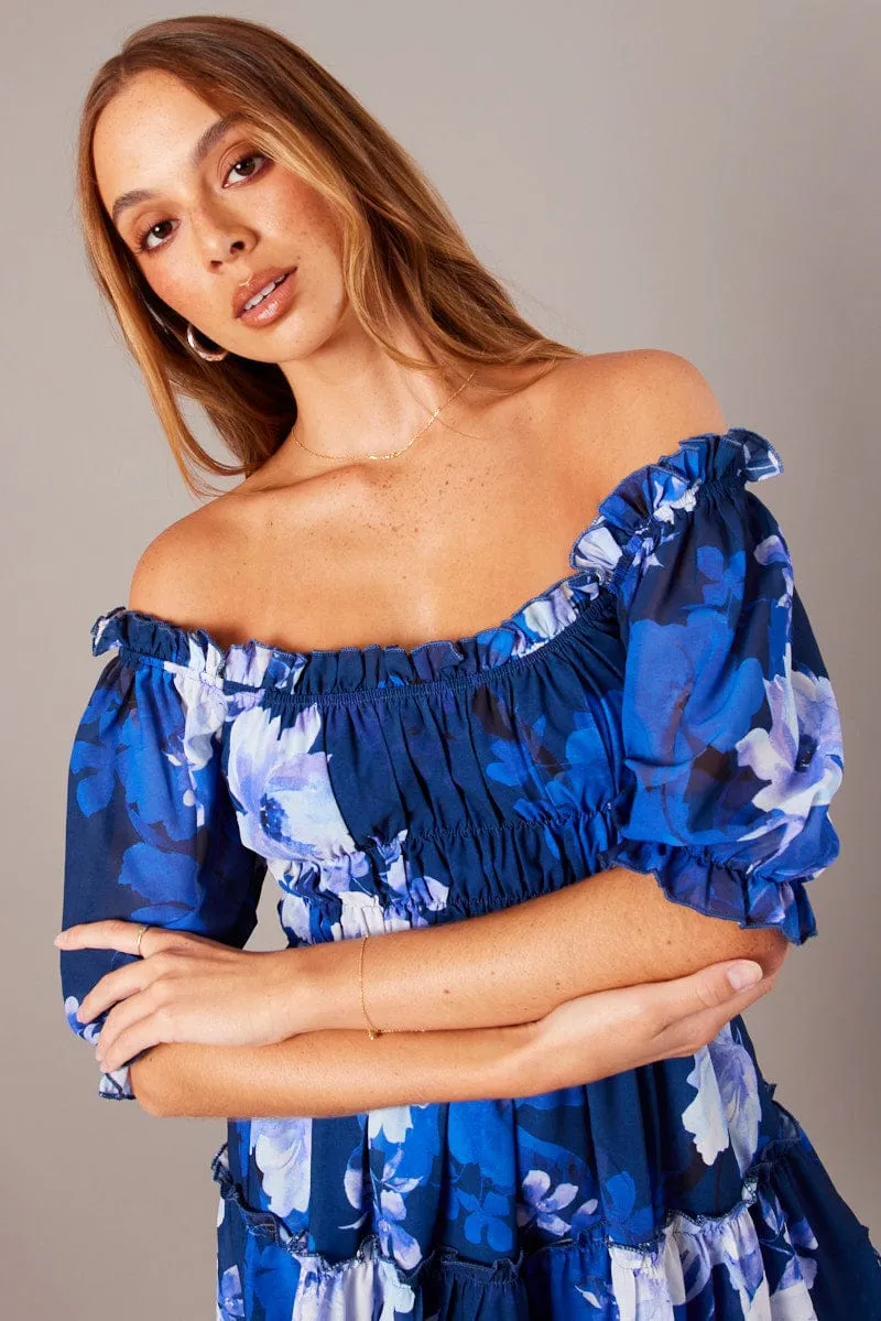 Blue Floral Fit And Flare Dress Puff Sleeve HypoallergenicMaterial AntiStatic Material