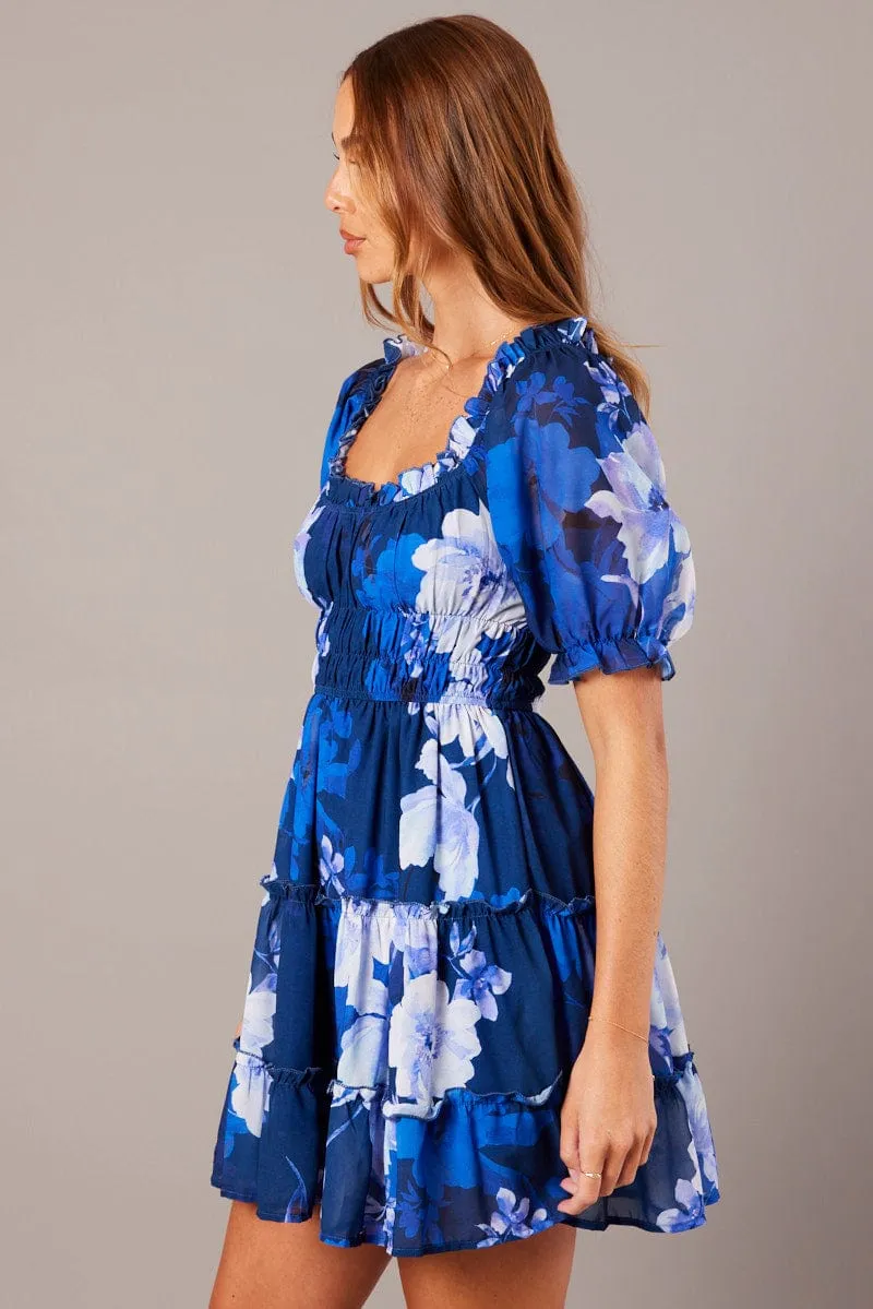 Blue Floral Fit And Flare Dress Puff Sleeve Train Ease