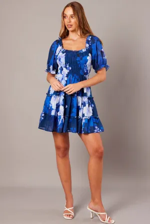Warm Fashion Blue Floral Fit And Flare Dress Puff Sleeve