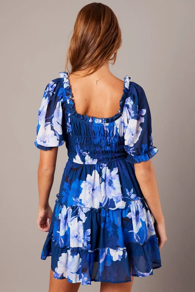 AllSeasonWear Daywear Style Blue Floral Fit And Flare Dress Puff Sleeve