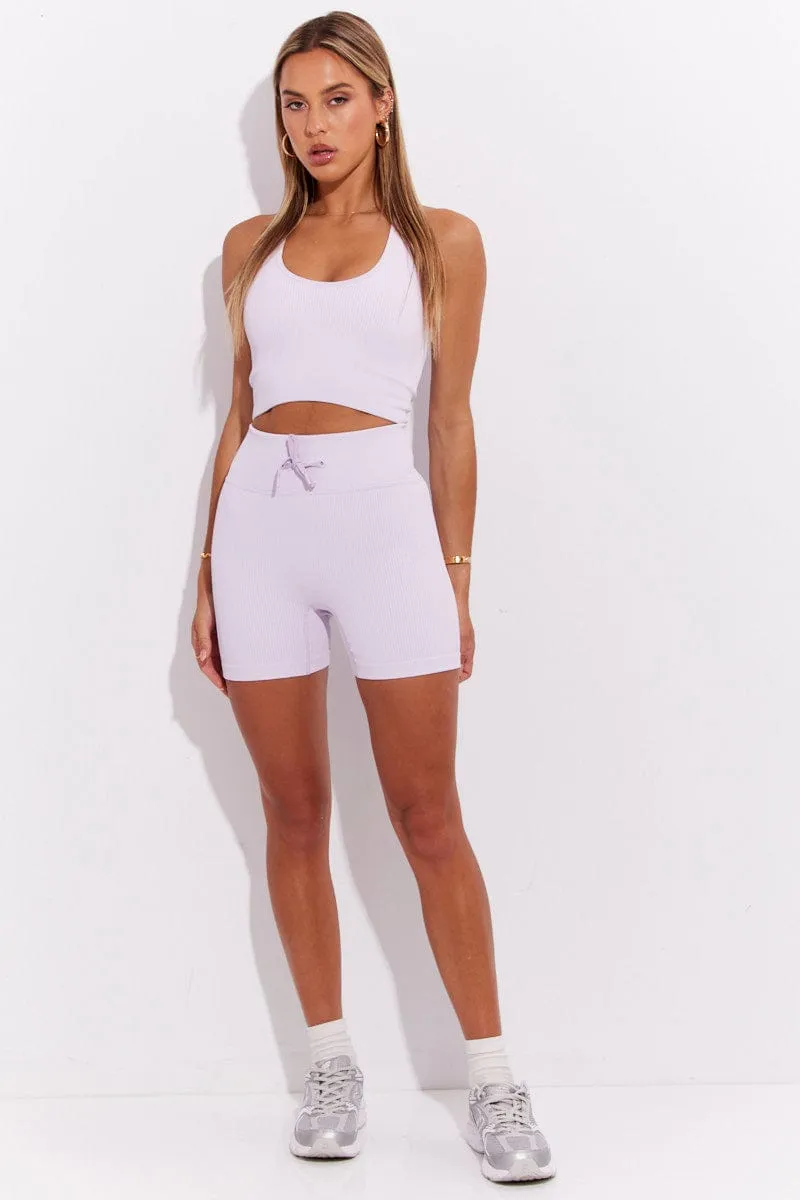 Relaxation Wear Purple Seamless Halter Top And Bike Shorts Activewear Set