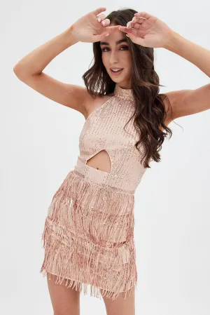 Shoot Ready Beige Party Bodycon Halter Mini Dress Tassels