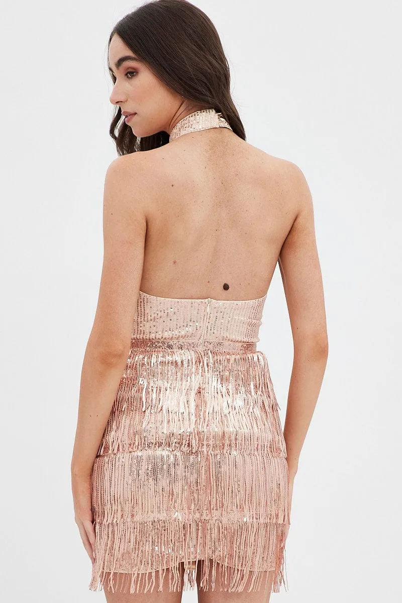 Scene Heat Beige Party Bodycon Halter Mini Dress Tassels