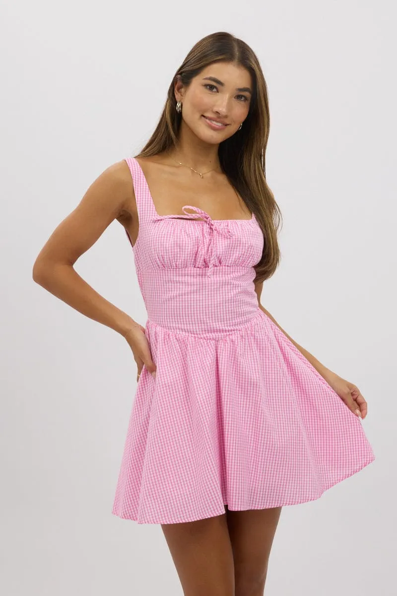 Lightweight Weave Stage Warm Pink Check Fit And Flare Dress Mini