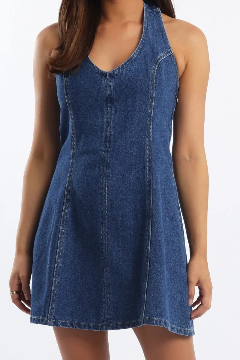 Comfortable Outfit FlexFitTechnology Blue Halter Neck Dress