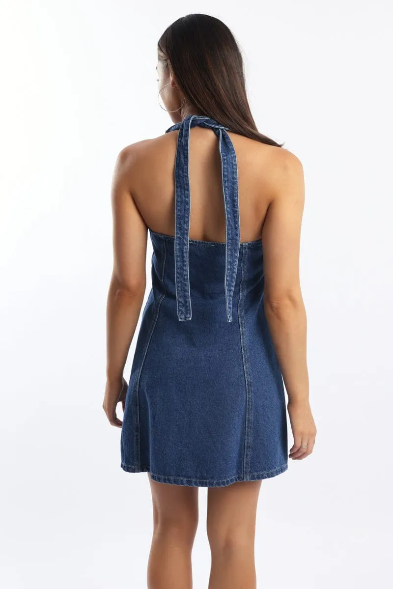 CompressiveFitFabric QuickDry Construction Blue Halter Neck Dress