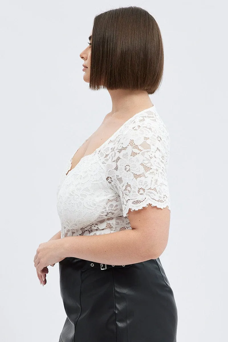 FlexibleElasticity Summer Outfit White Lace Bodysuit Short Sleeve