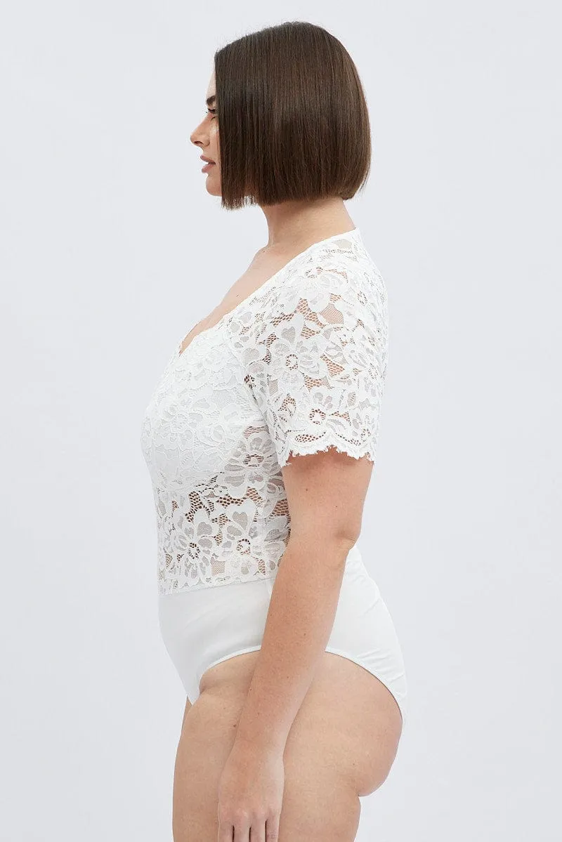 White Lace Bodysuit Short Sleeve AI Style