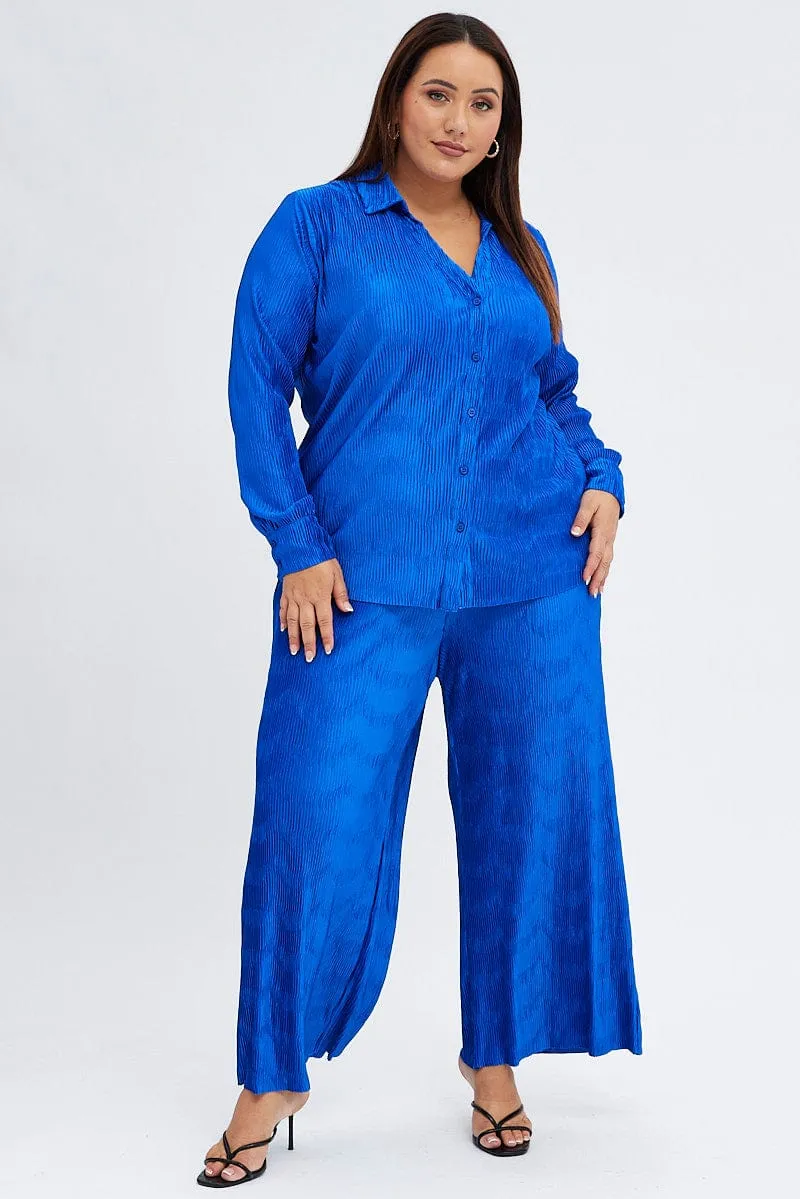 Durable Construction Blue Plisse Pants Wide Leg High Rise