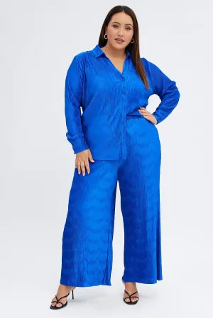 Blue Plisse Pants Wide Leg High Rise DoubleLayeredHem