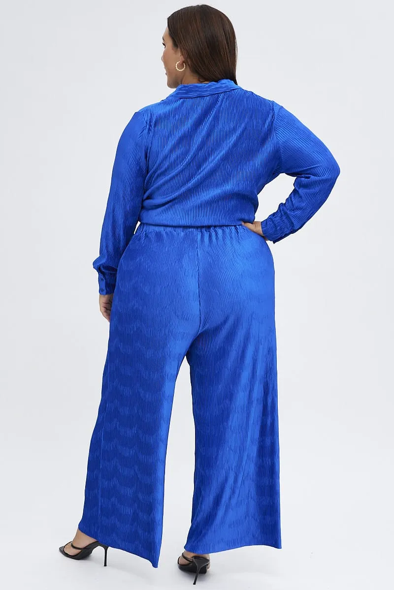Relaxed Fit Blue Plisse Pants Wide Leg High Rise
