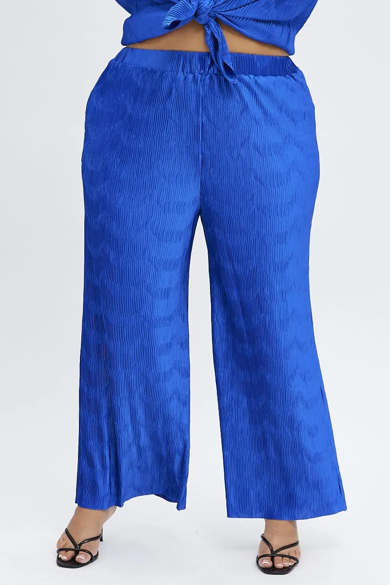 MultiPocketDesign Side Pockets Blue Plisse Pants Wide Leg High Rise