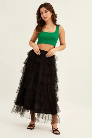 Soft Layers High Street Fashion Black Midi Skirt Tulle Elastic Waist Mesh