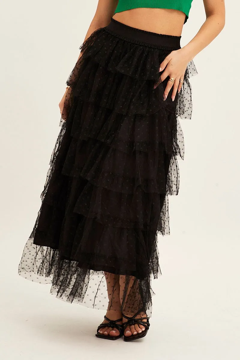 Black Midi Skirt Tulle Elastic Waist Mesh Breezy Style