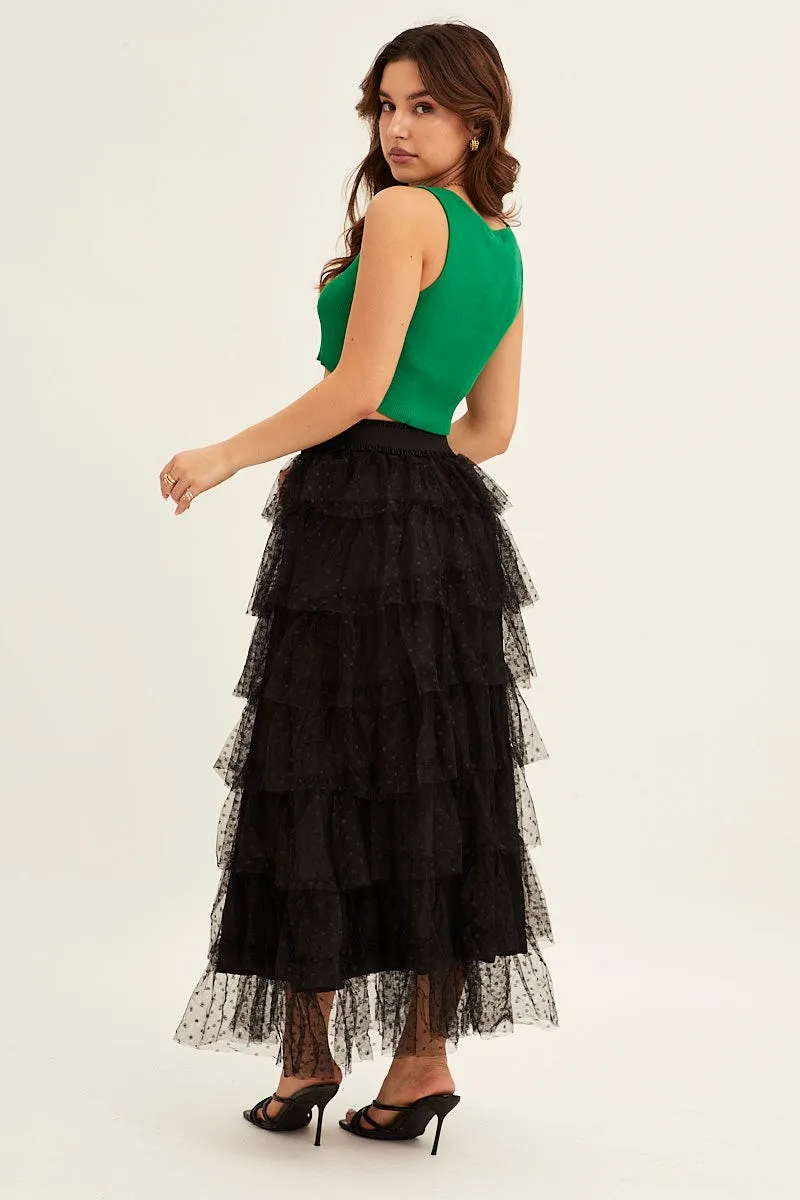 Black Midi Skirt Tulle Elastic Waist Mesh ruffle trim High Waist