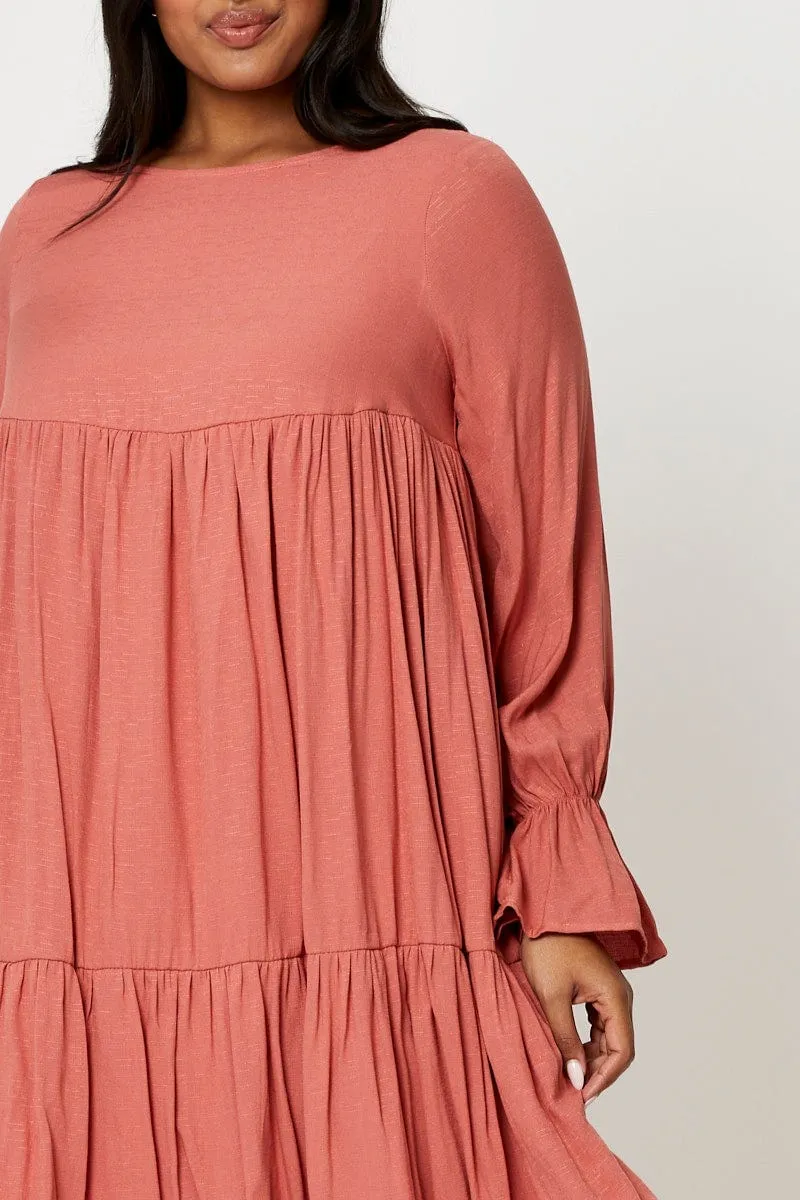 Beige Smock Dress Round Neck Long Sleeve Ruffle Sustainable production