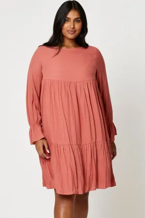 Simple Chic Heat Proof Beige Smock Dress Round Neck Long Sleeve Ruffle