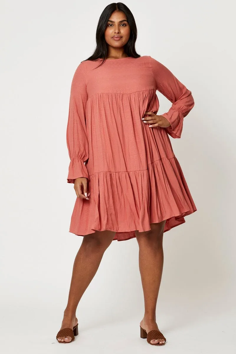 Beige Smock Dress Round Neck Long Sleeve Ruffle Playful evening dress Edge Fresh