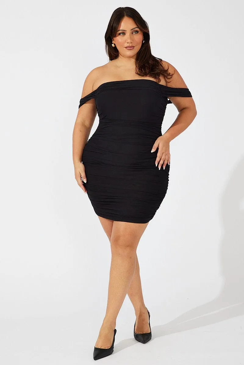 Black Mini Dress Mesh Off Shoulder Breathable Material Adjustable Waistband