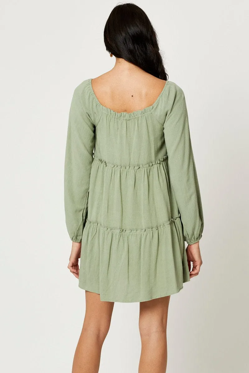 Charming Vibe Light Reflective Green Mini Dress Long Sleeve Square Neck