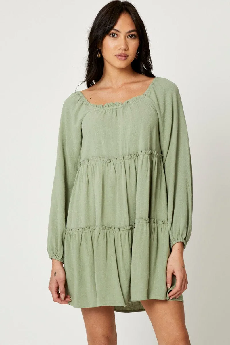 Vibrant Chic Green Mini Dress Long Sleeve Square Neck