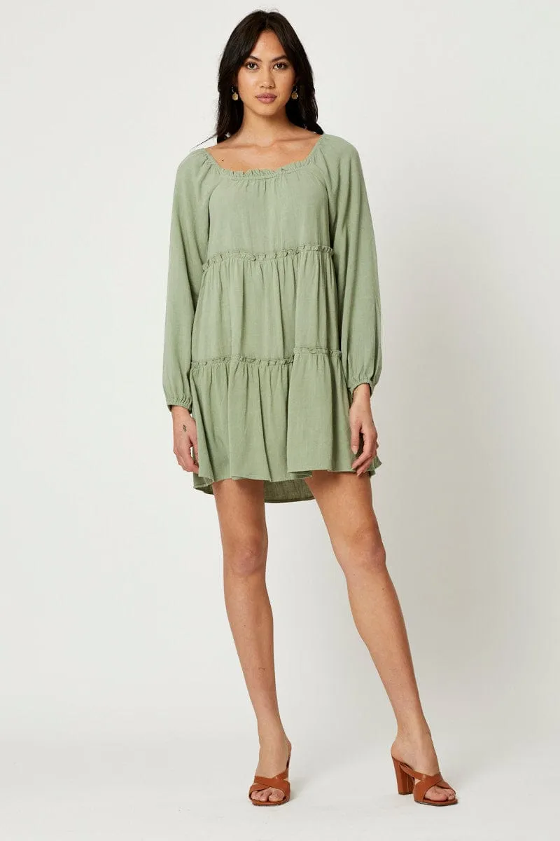 Green Mini Dress Long Sleeve Square Neck Comfortable and breezy mini
