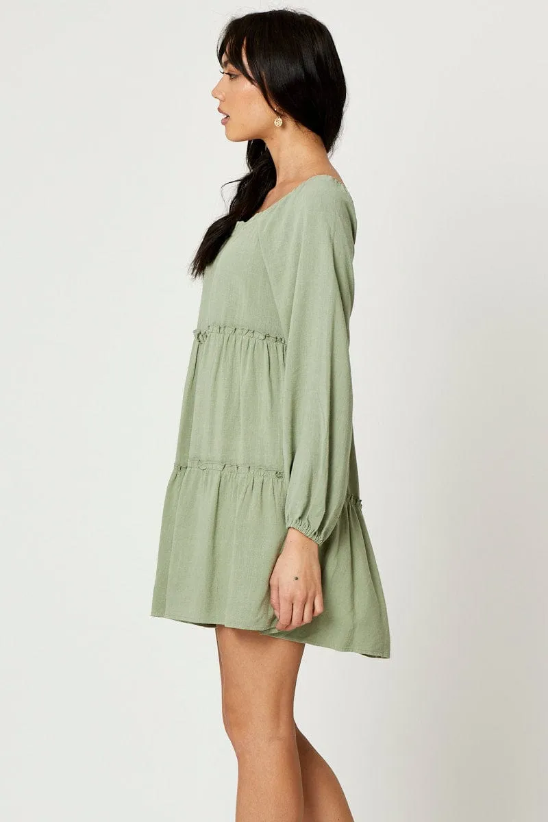 Fashion Glow Stylish mini with ruffles Green Mini Dress Long Sleeve Square Neck