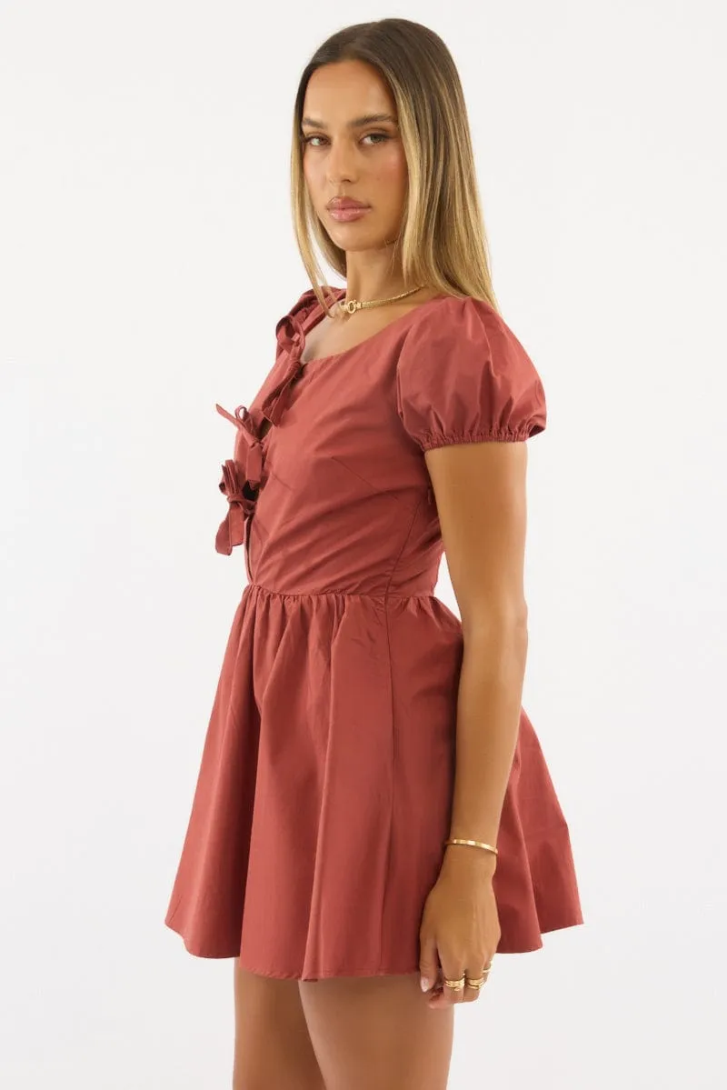 Red Mini Dress Ribbon Detail Butterfly Sleeve Option Versatile Style