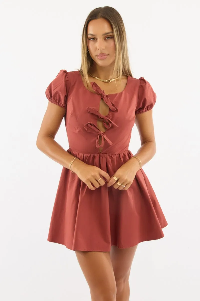 Overlapping Panel Design Red Mini Dress Ribbon Detail
