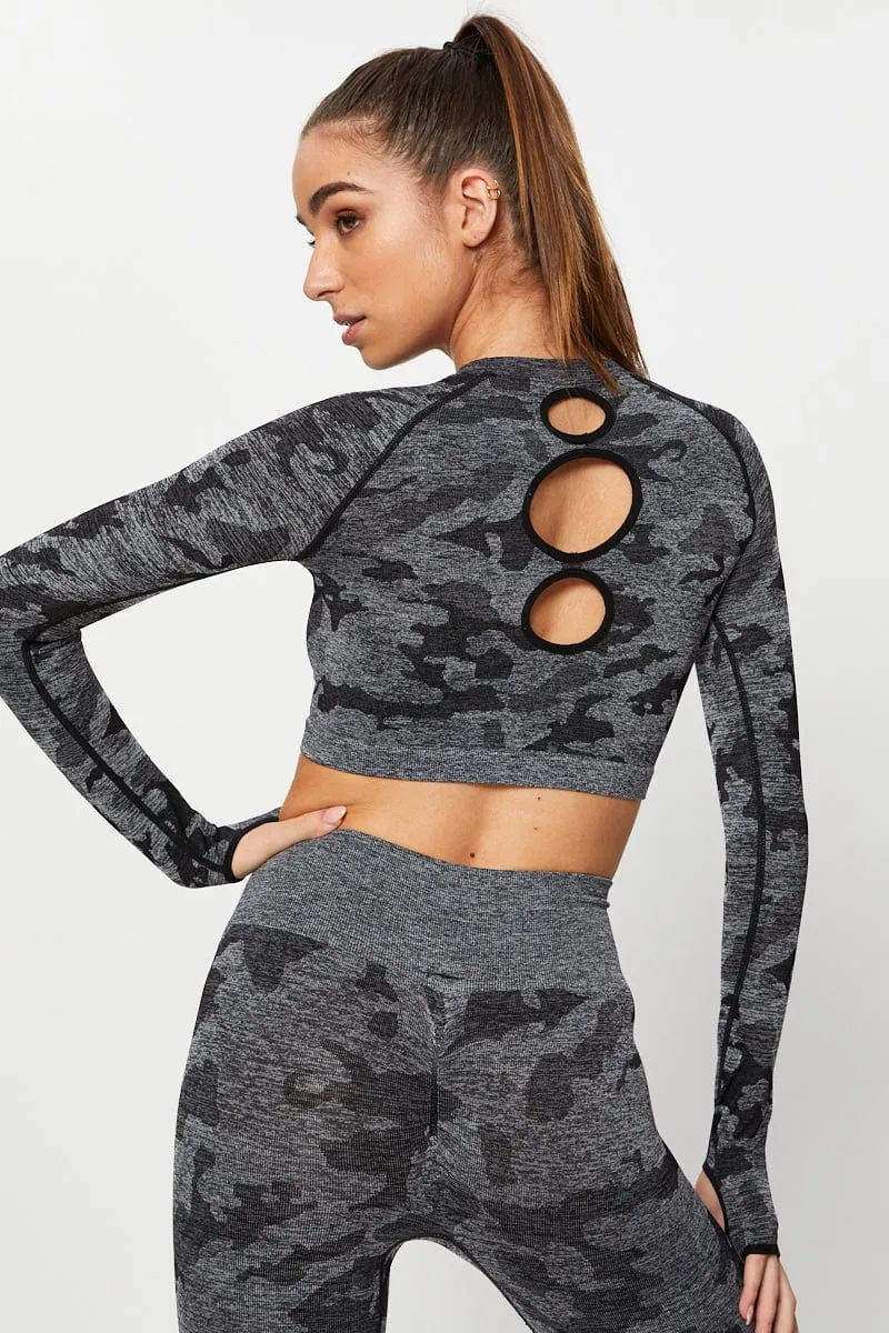 Grey Seamless Camo Activewear Long Sleeve Top Classic Shirt Outdoor Wear