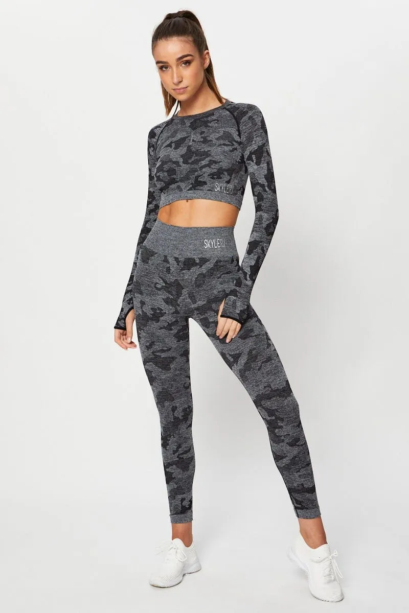 Grey Seamless Camo Activewear Long Sleeve Top WrinkleResistant Fabric