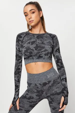 VersatileCuff Reinforced Stress Points Grey Seamless Camo Activewear Long Sleeve Top