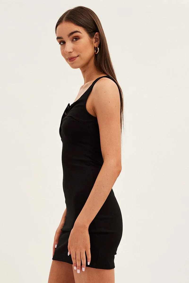 Lightweight Layering Black Bodycon Dress Sleeveless Button Front