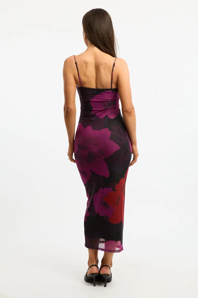 ZeroWaste Production Black Floral Bodycon Dress Cowl Neck Maxi