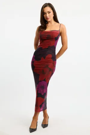 Black Floral Bodycon Dress Cowl Neck Maxi Soft Motion