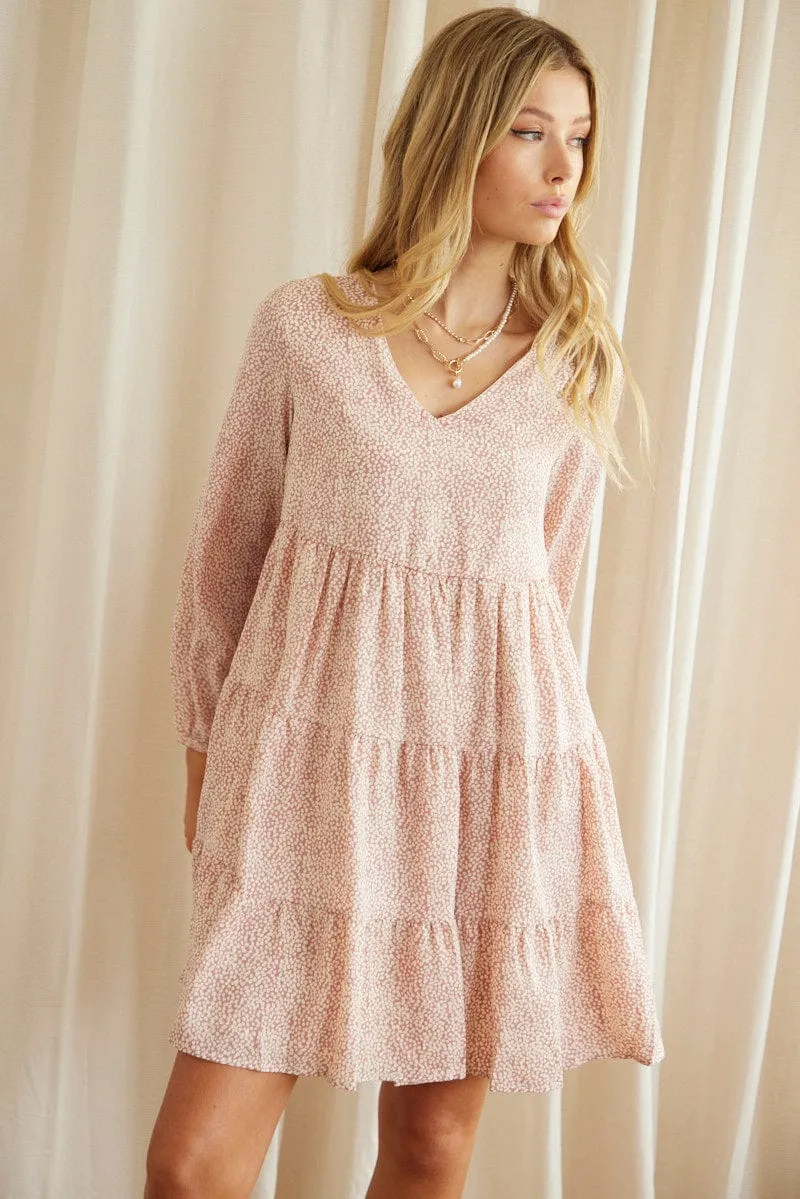 Adjustable Waistband TaglessCollar Print Long Sleeve Skater Dress