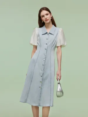 Denim Patchwork Women Puff-sleeved Midi Dress Flattering Cut