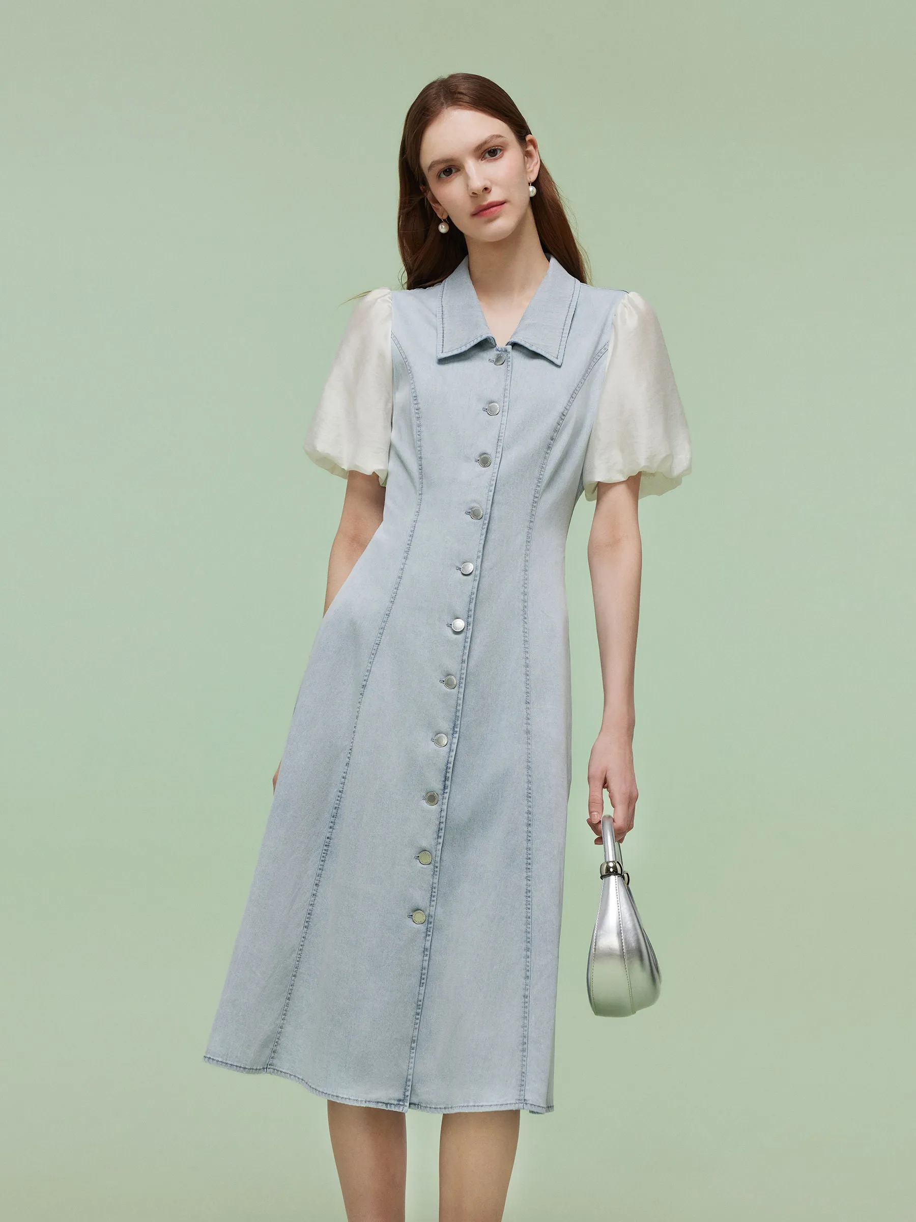 Denim Patchwork Women Puff-sleeved Midi Dress Elegant Option