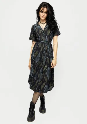 Frond Print Button Up Midi Shirt Dress Autumn Stroll