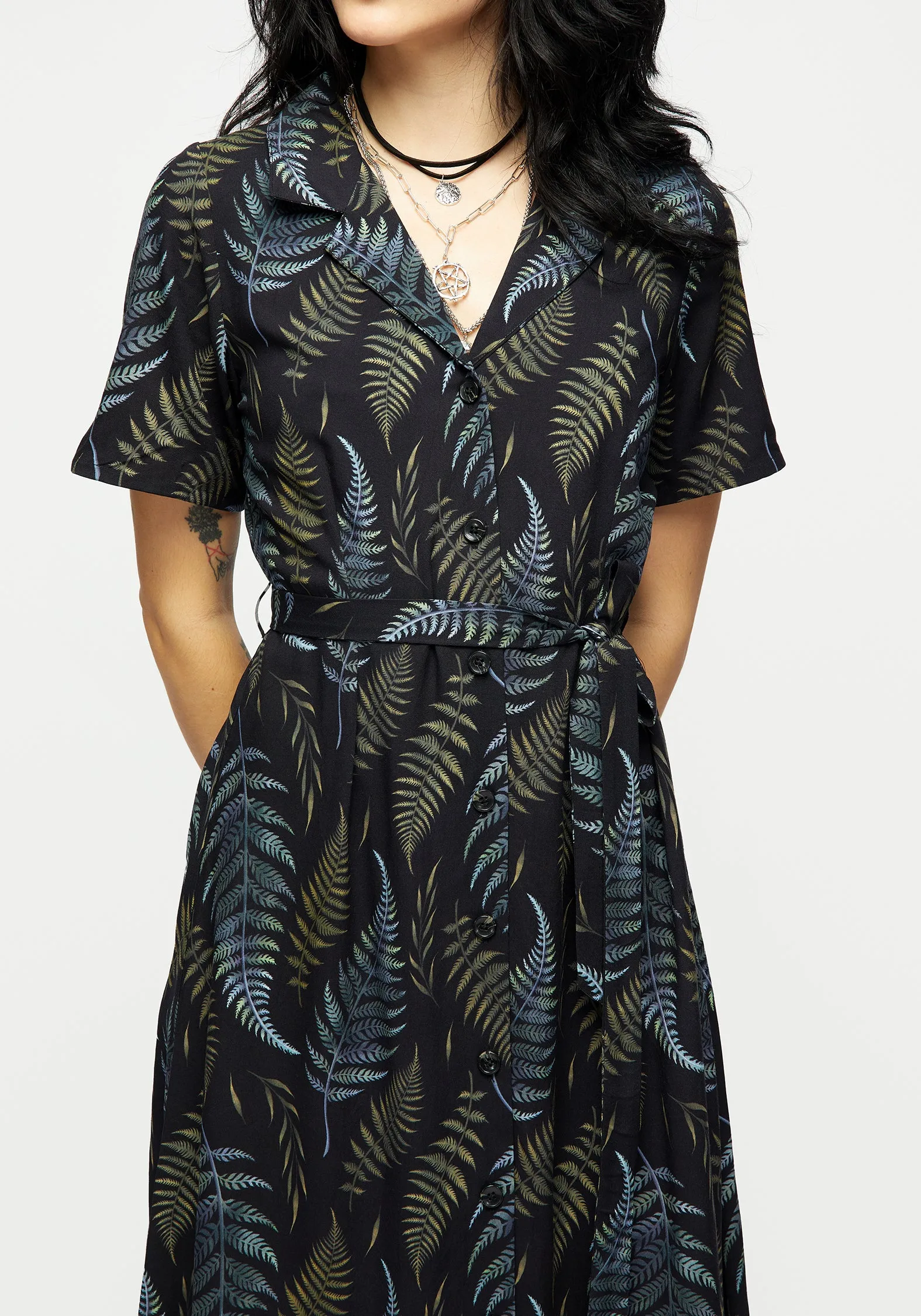 Frond Print Button Up Midi Shirt Dress Grace Mood