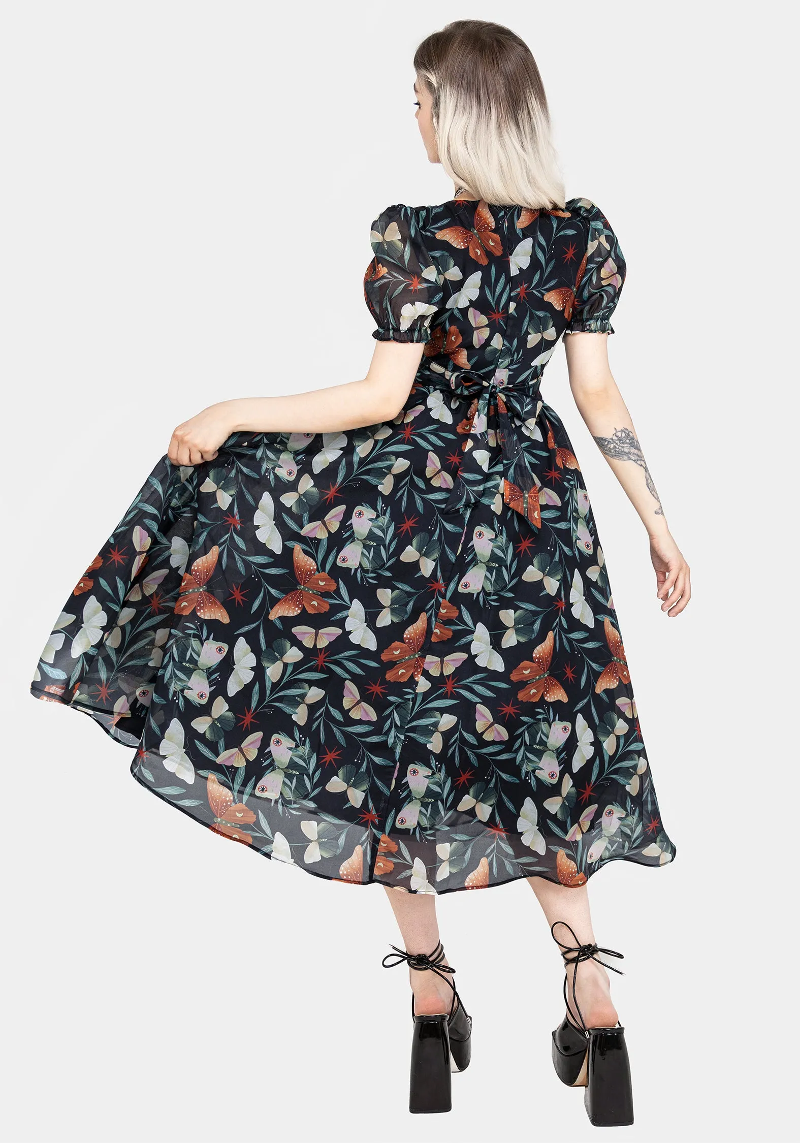 Day-to-Night Look Elegant knee-length dress Mariposa Puff Sleeve Organza Midi Dress